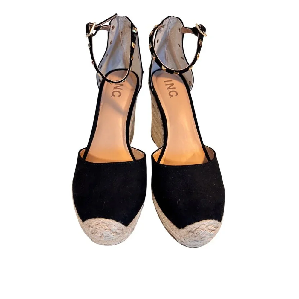I.N.C. Masin Black Ankle Strap Espadrille Wedge Sandals Studded‎ Detail 8M